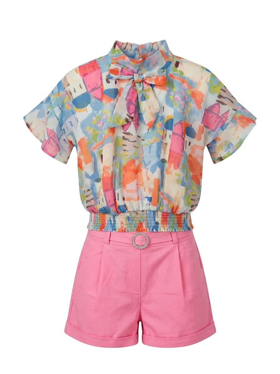 Printed Bow Top Short Set
