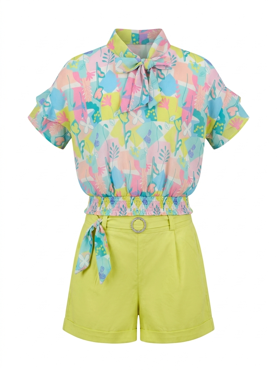 Printed Bow Top Short Set