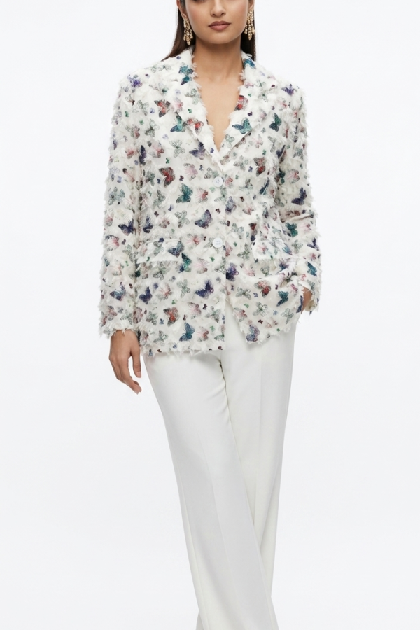 Butterfly Print Fringe Textured Blazer