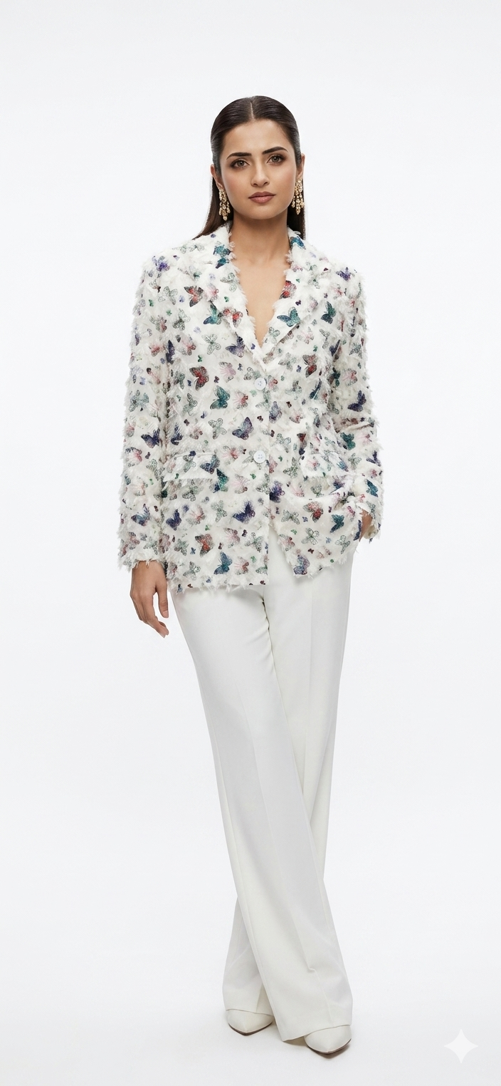 Butterfly Print Fringe Textured Blazer - Image 2