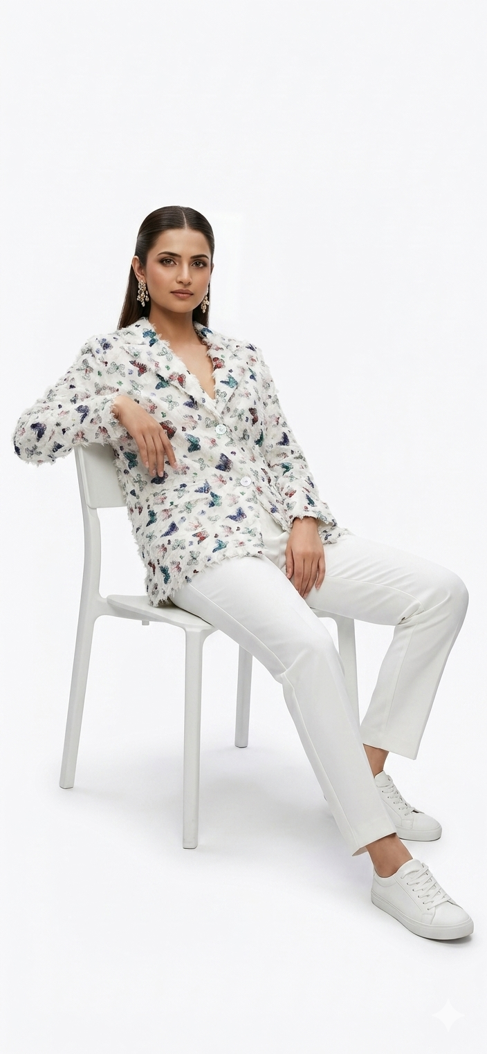 Butterfly Print Fringe Textured Blazer - Image 3
