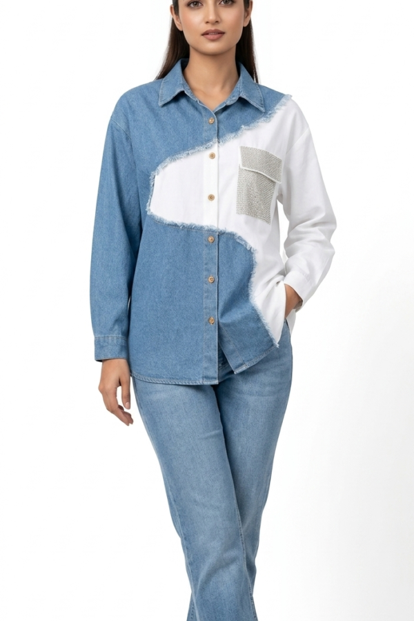 Denim White Embellished Contrast Shirt