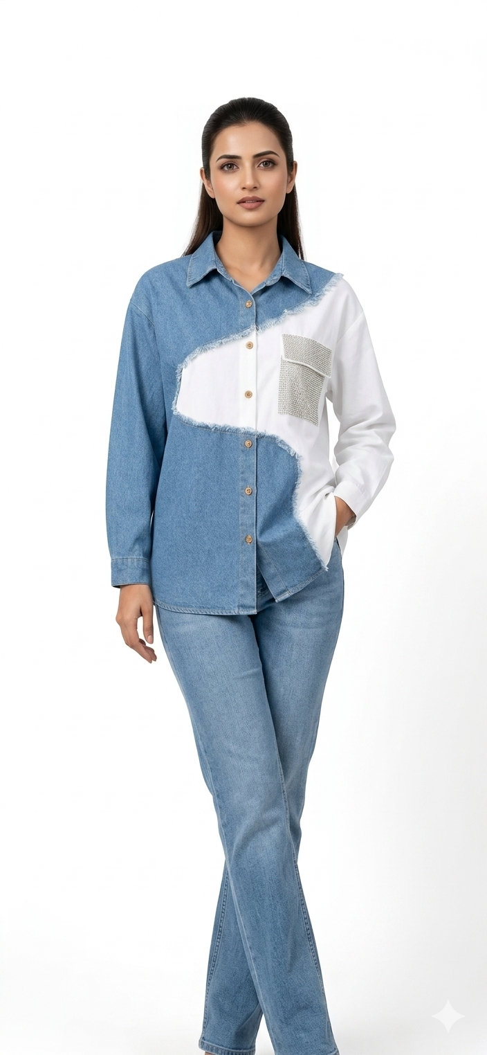 Denim White Embellished Contrast Shirt - Image 2