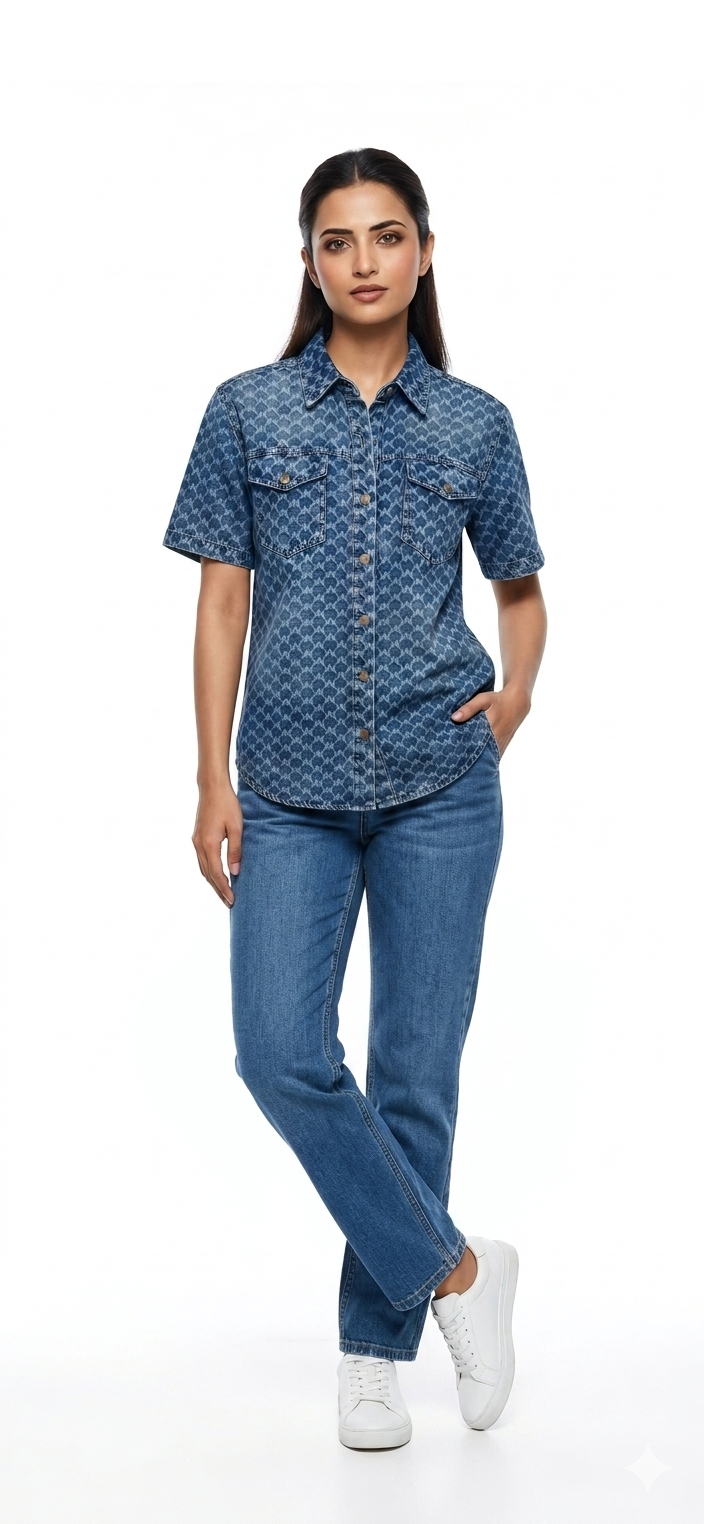 Blue Star Pattern Denim Shirt - Image 2