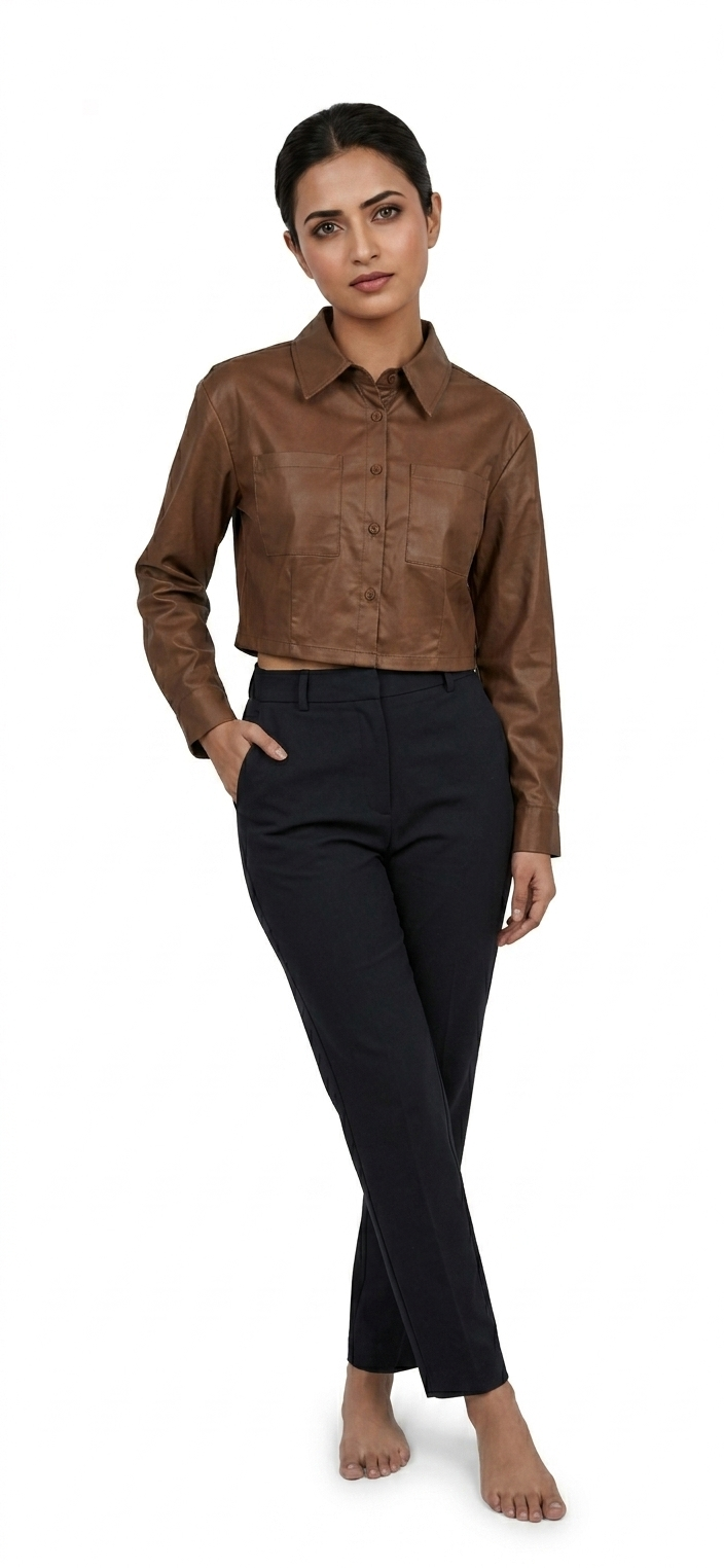 Brown Faux Leather Crop Shirt - Image 3