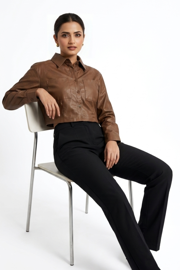 Brown Faux Leather Crop Shirt