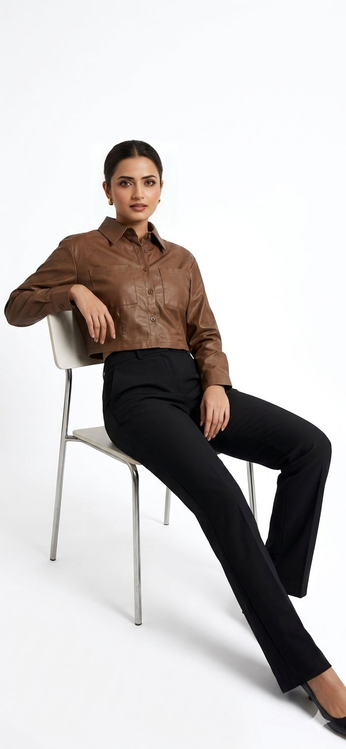 Brown Faux Leather Crop Shirt - Image 2