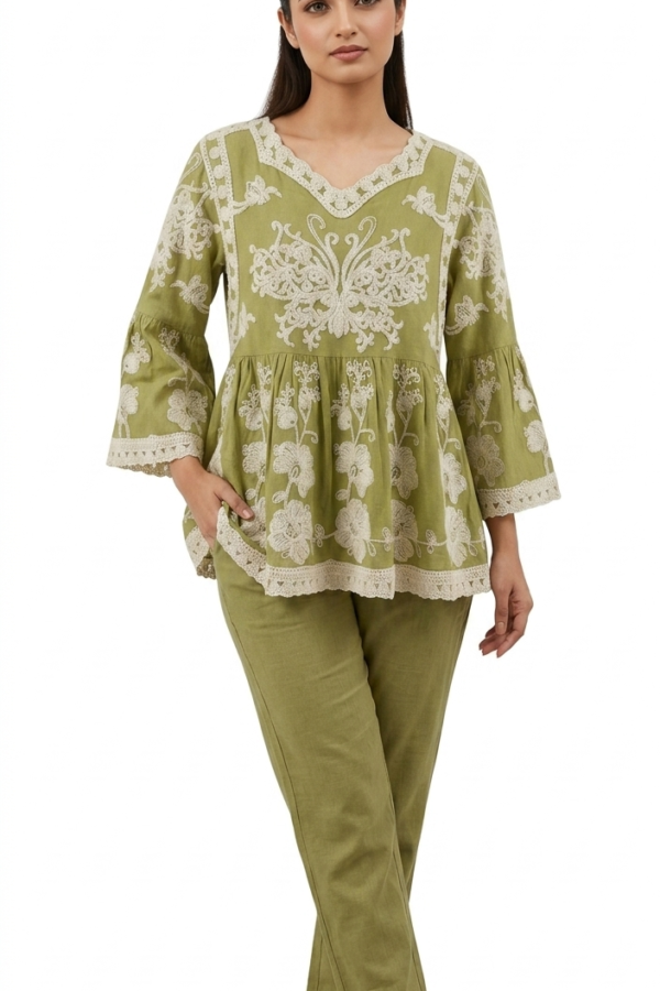 Olive Floral Embroidered Peplum Top