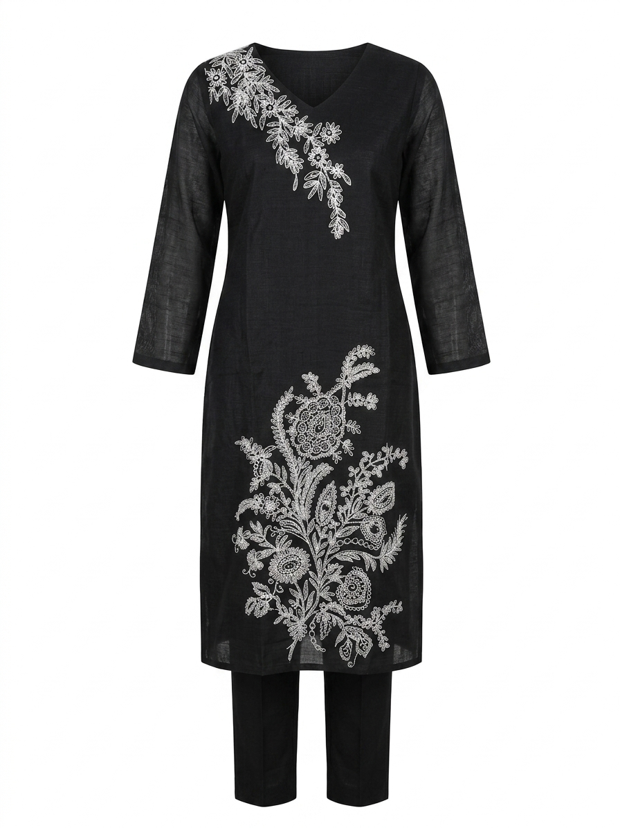 Black Embroidered Kurta Pant Set - Image 2