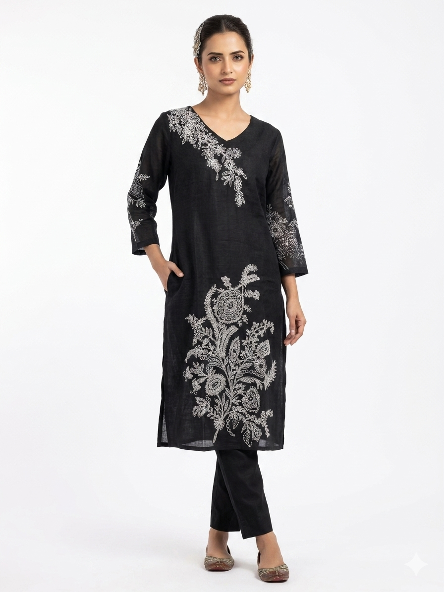 Black Embroidered Kurta Pant Set