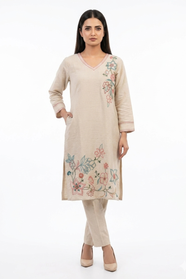 Beige Floral Embroidered Kurta Set