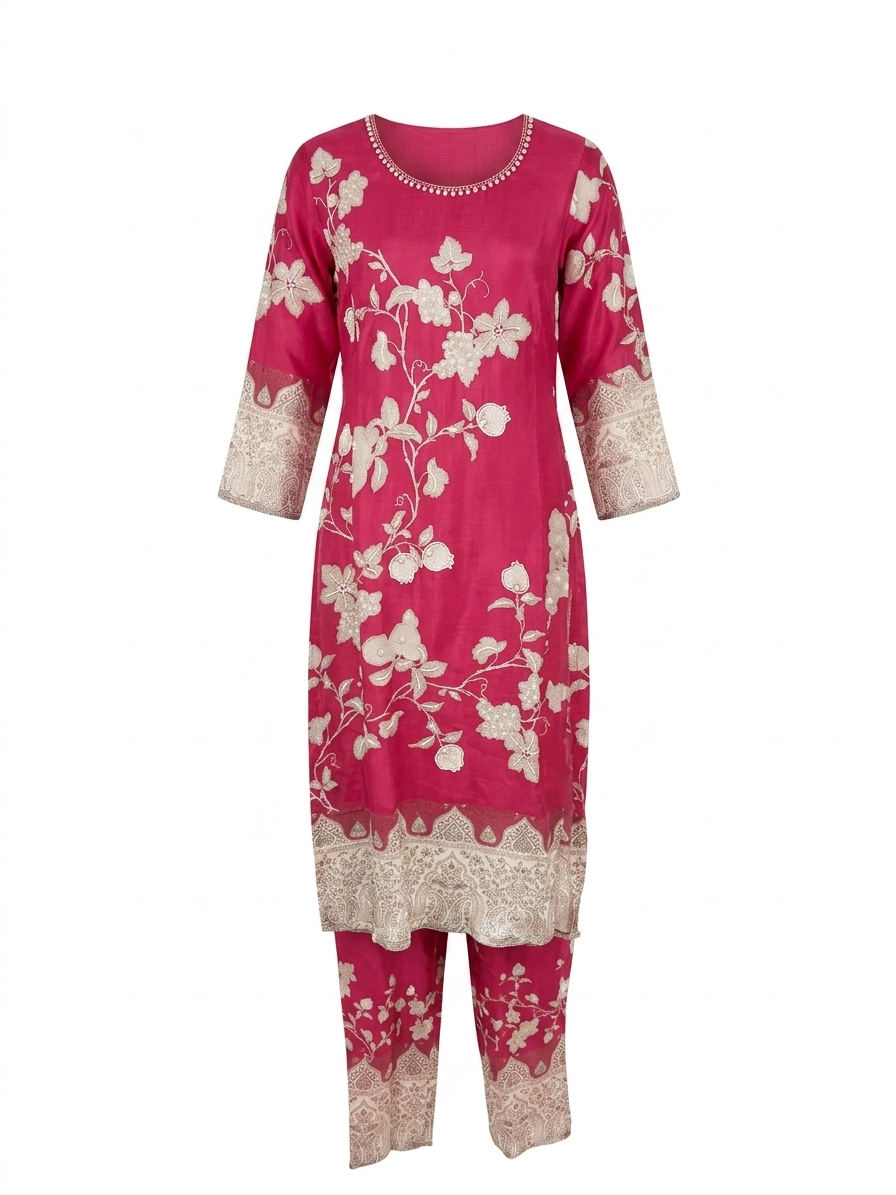 Magenta Embroidered Kurta Pant Set - Image 3