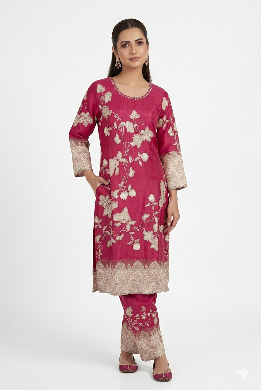 Magenta Embroidered Kurta Pant Set
