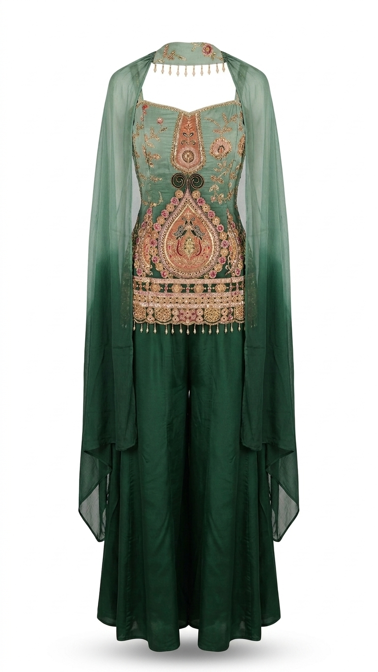 Embroidered Green Cape Sharara Set - Image 4