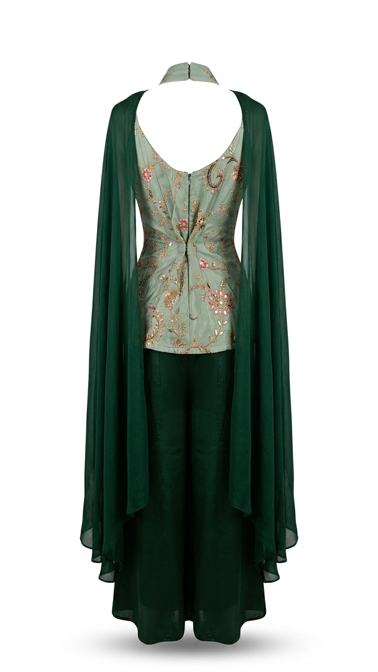 Embroidered Green Cape Sharara Set - Image 3