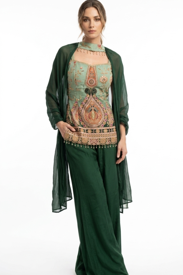 Embroidered Green Cape Sharara Set
