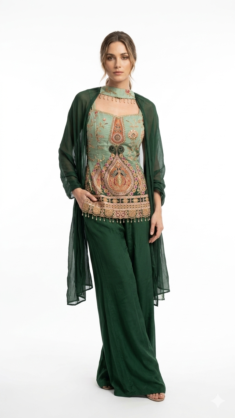 Embroidered Green Cape Sharara Set