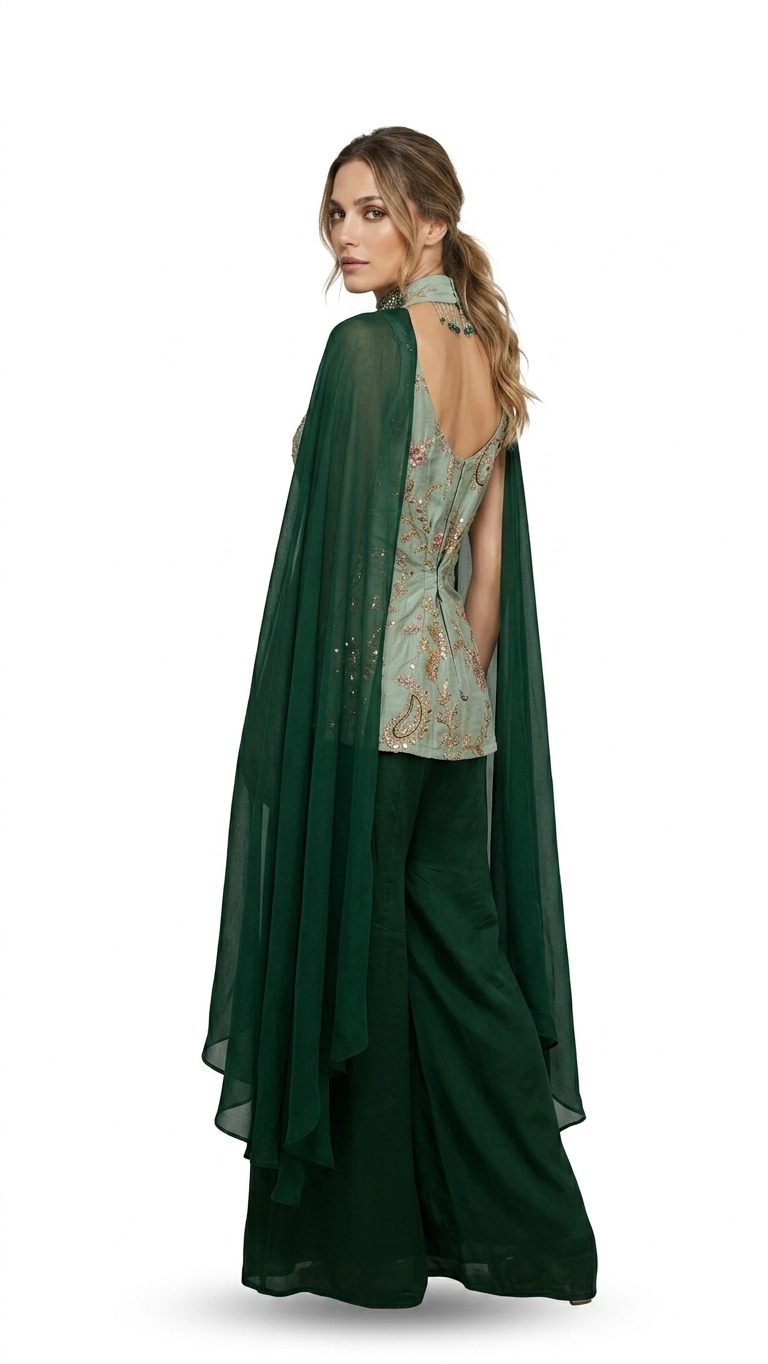 Embroidered Green Cape Sharara Set - Image 5