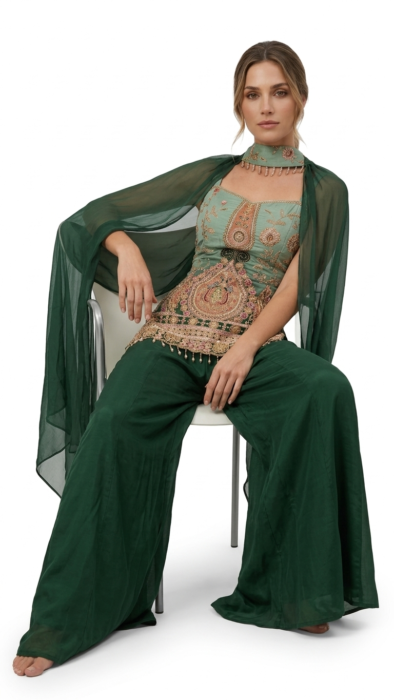 Embroidered Green Cape Sharara Set - Image 6