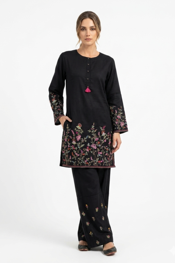 Black Floral Embroidered Kurta Set