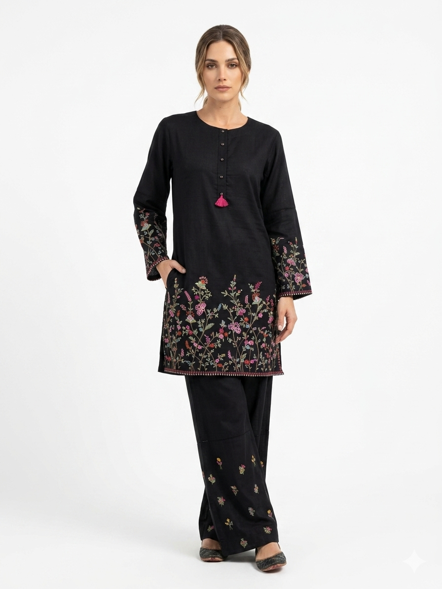 Black Floral Embroidered Kurta Set