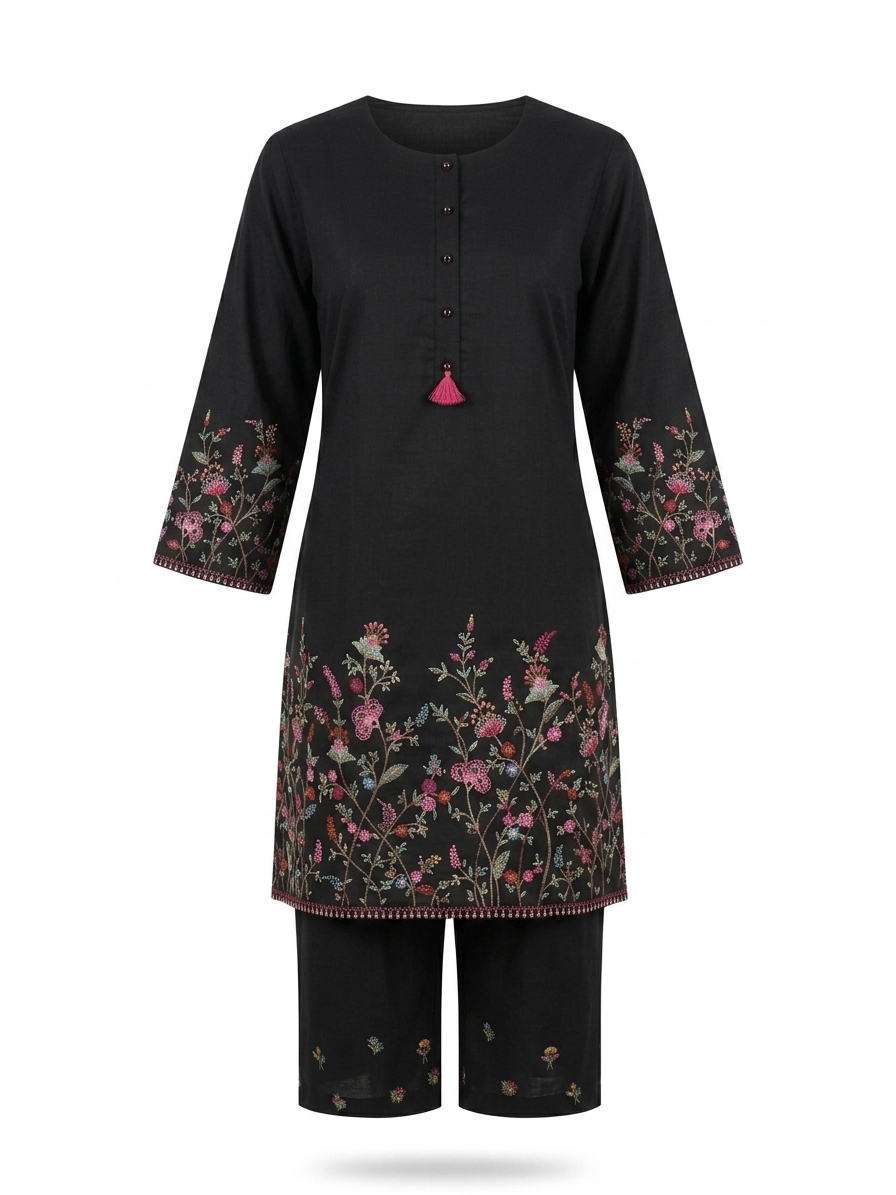 Black Floral Embroidered Kurta Set - Image 3