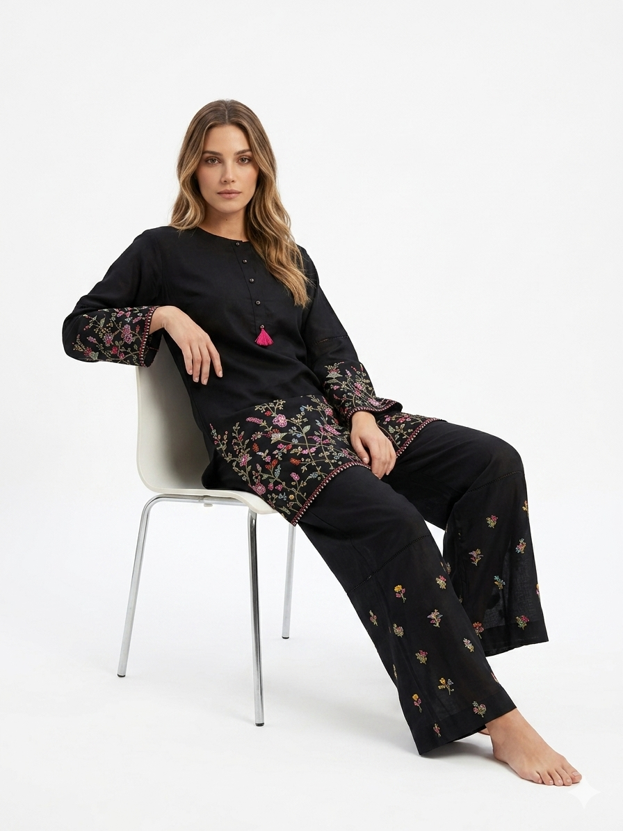 Black Floral Embroidered Kurta Set - Image 4