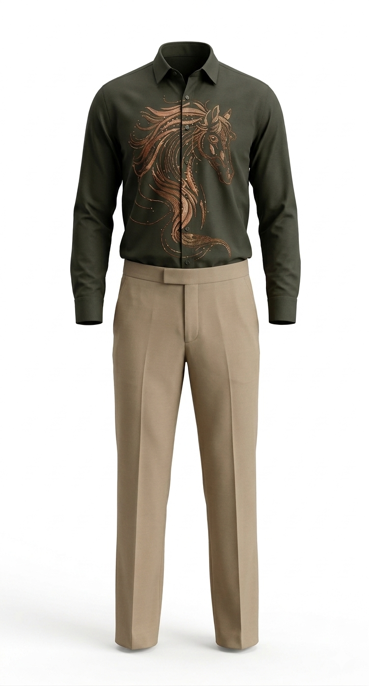 Olive Horse Graphic Casual Shirt - Image 2