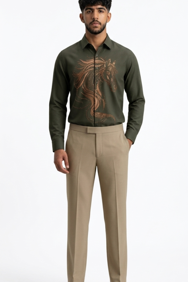 Olive Horse Graphic Casual Shirt