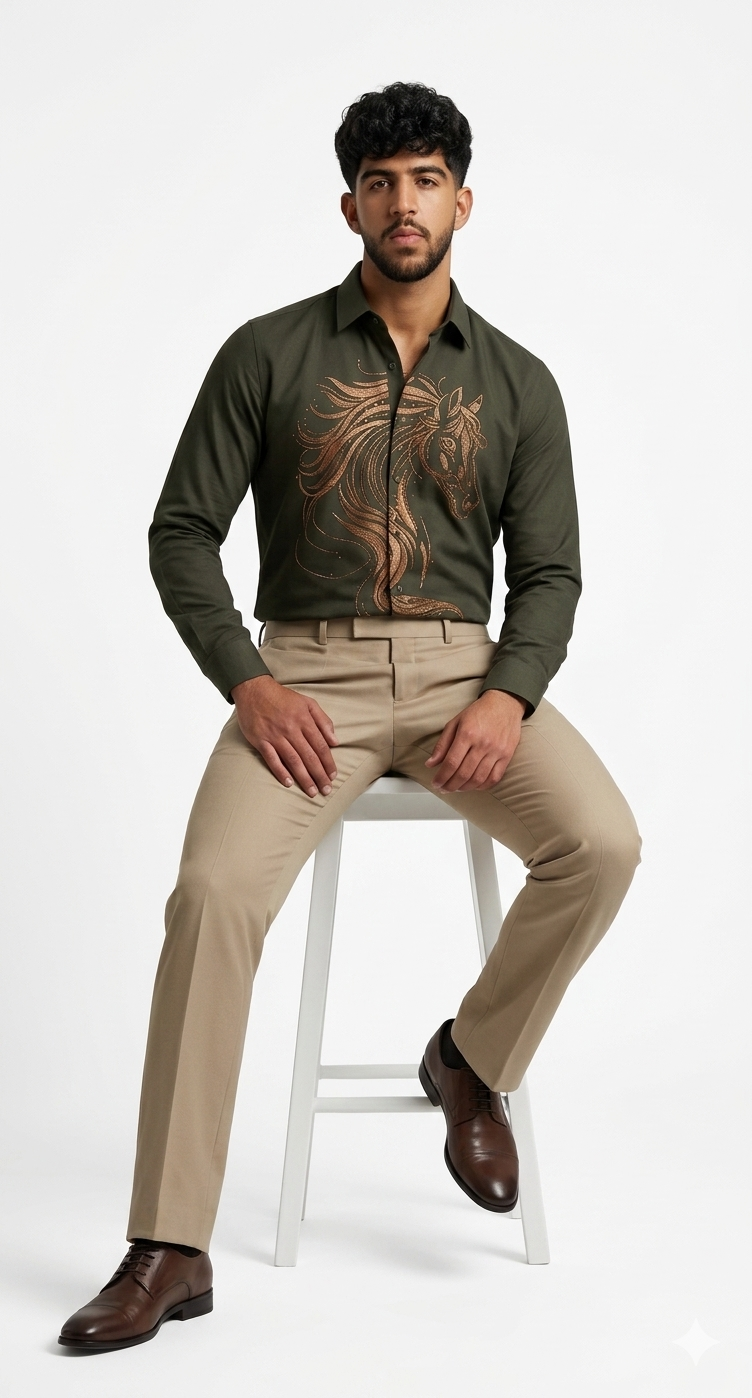 Olive Horse Graphic Casual Shirt - Image 3
