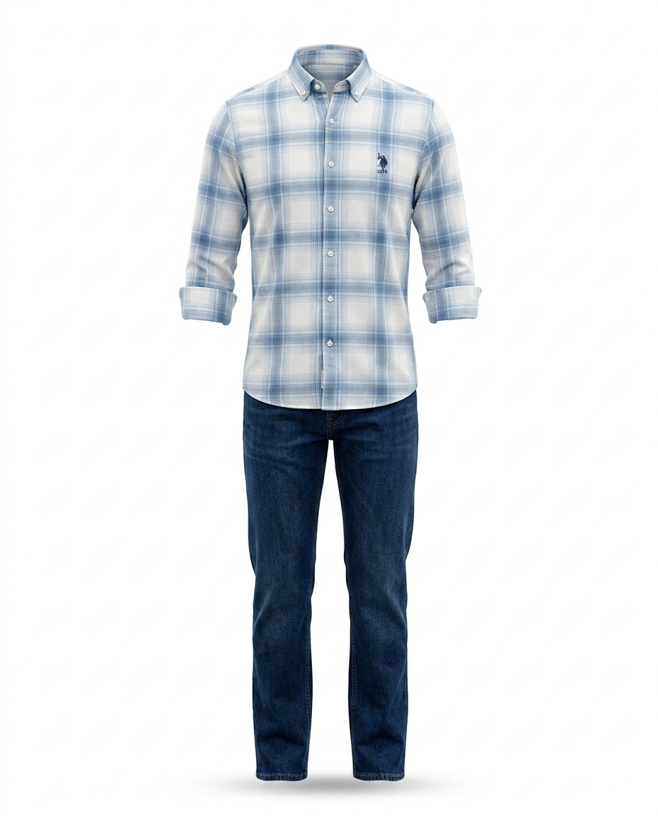 Men's Blue Plaid Casual Shirt - Image 2