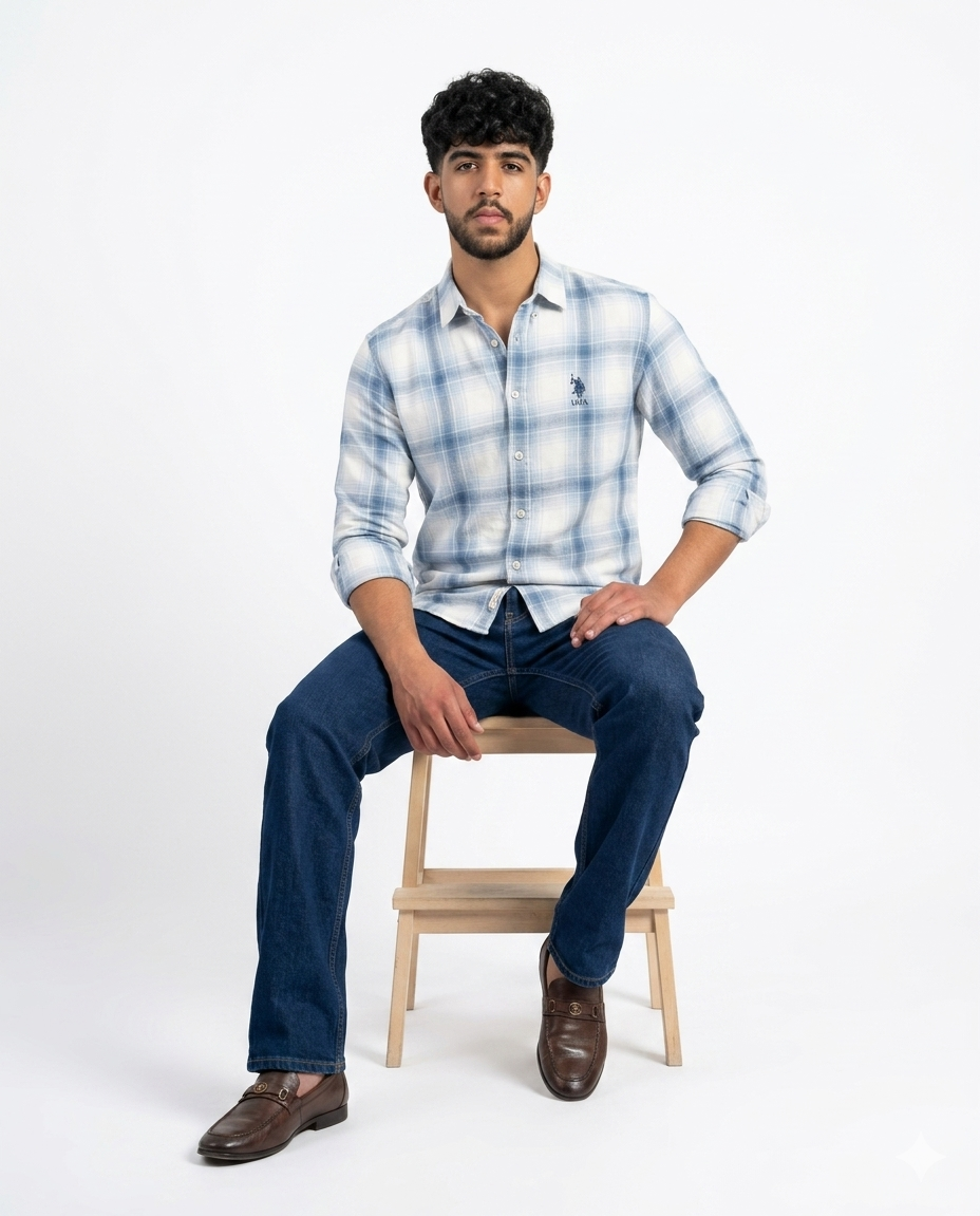 Men's Blue Plaid Casual Shirt - Image 3