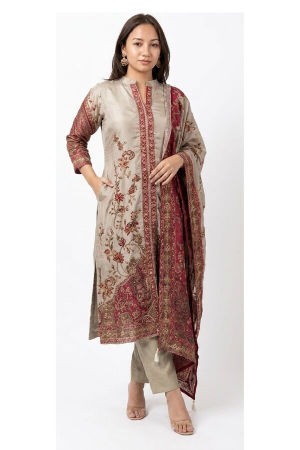 Beige 3-Piece Silk Salwar Suit Set