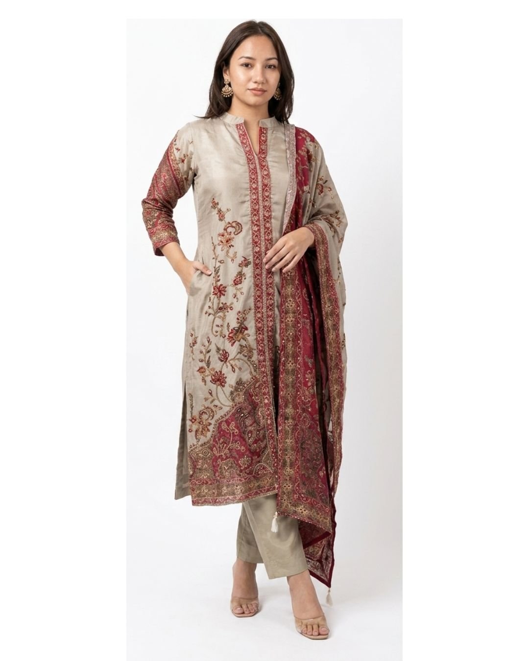 Beige 3-Piece Silk Salwar Suit Set