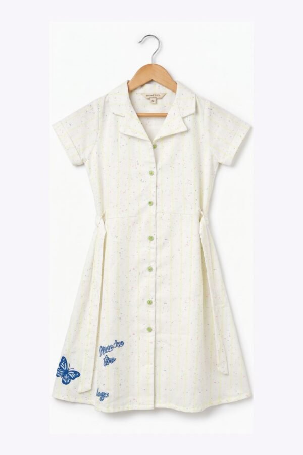 Girls' Off-White Printed Shirt Dress with Button-Down Detail