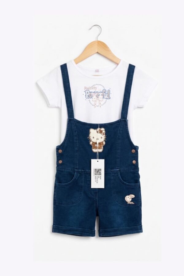 Girls' Navy Denim Dungaree with White Graphic T-Shirt Set