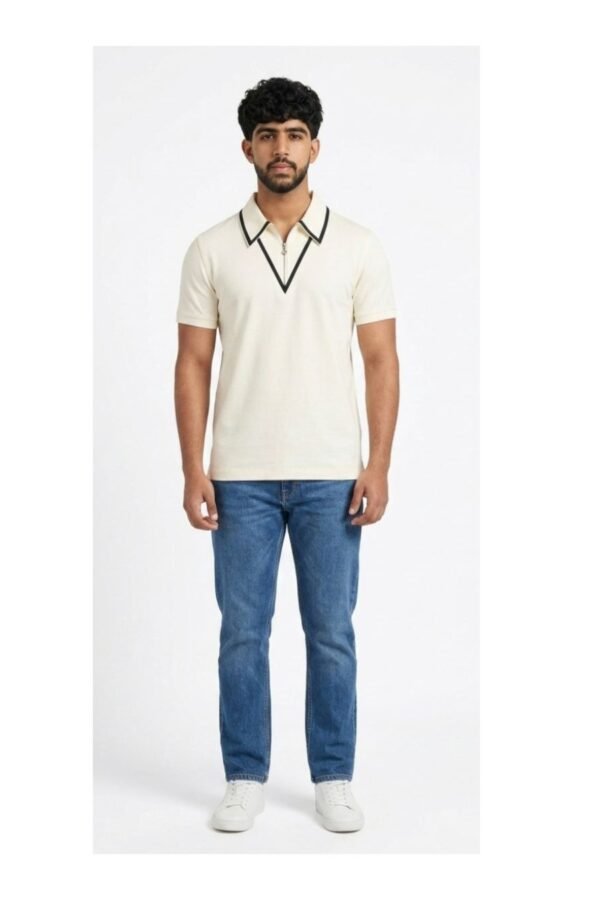 Cream Zip-Neck Polo T-Shirt