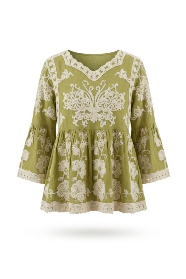 Olive Floral Embroidered Peplum Top