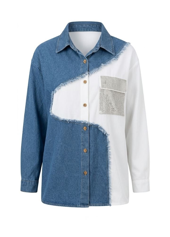 Denim White Embellished Contrast Shirt