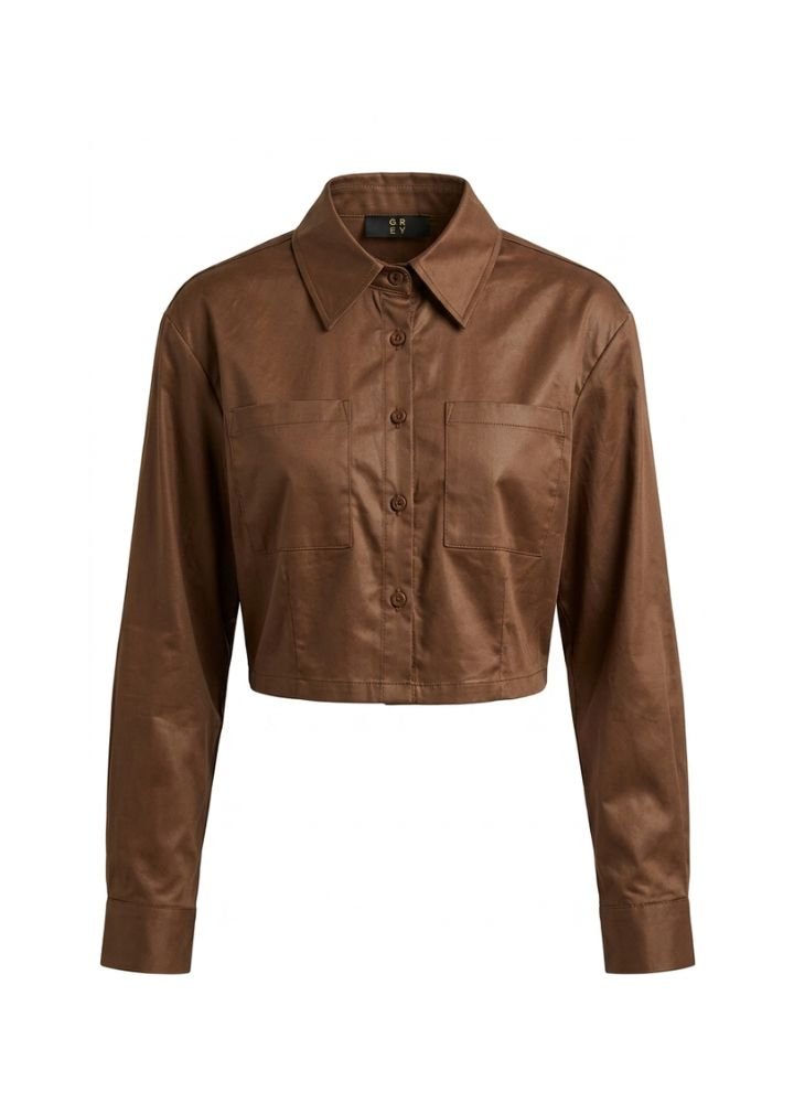 Brown Faux Leather Crop Shirt