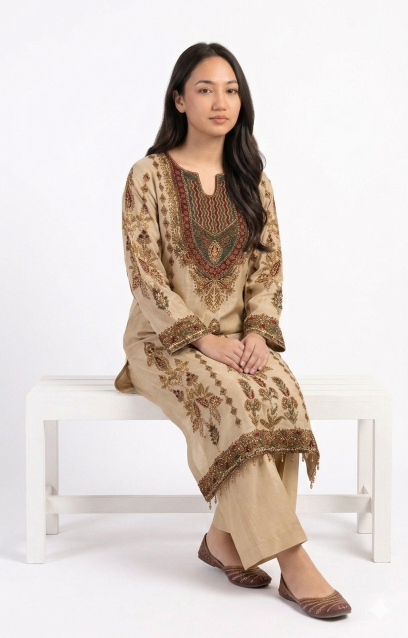 Beige Gold Chanderi Silk Kurta Set - Image 3