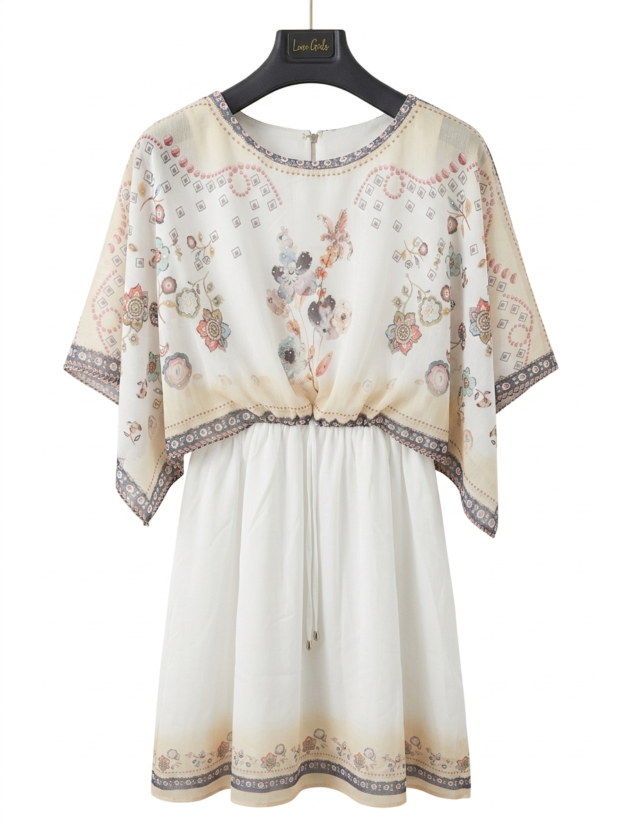 Girls' Floral Printed Kaftan-Style Layered Dress