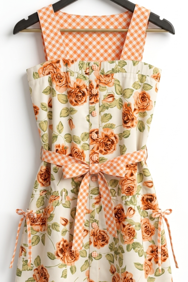 Girls' Orange Gingham and Rose Floral Print Pinafore Dress