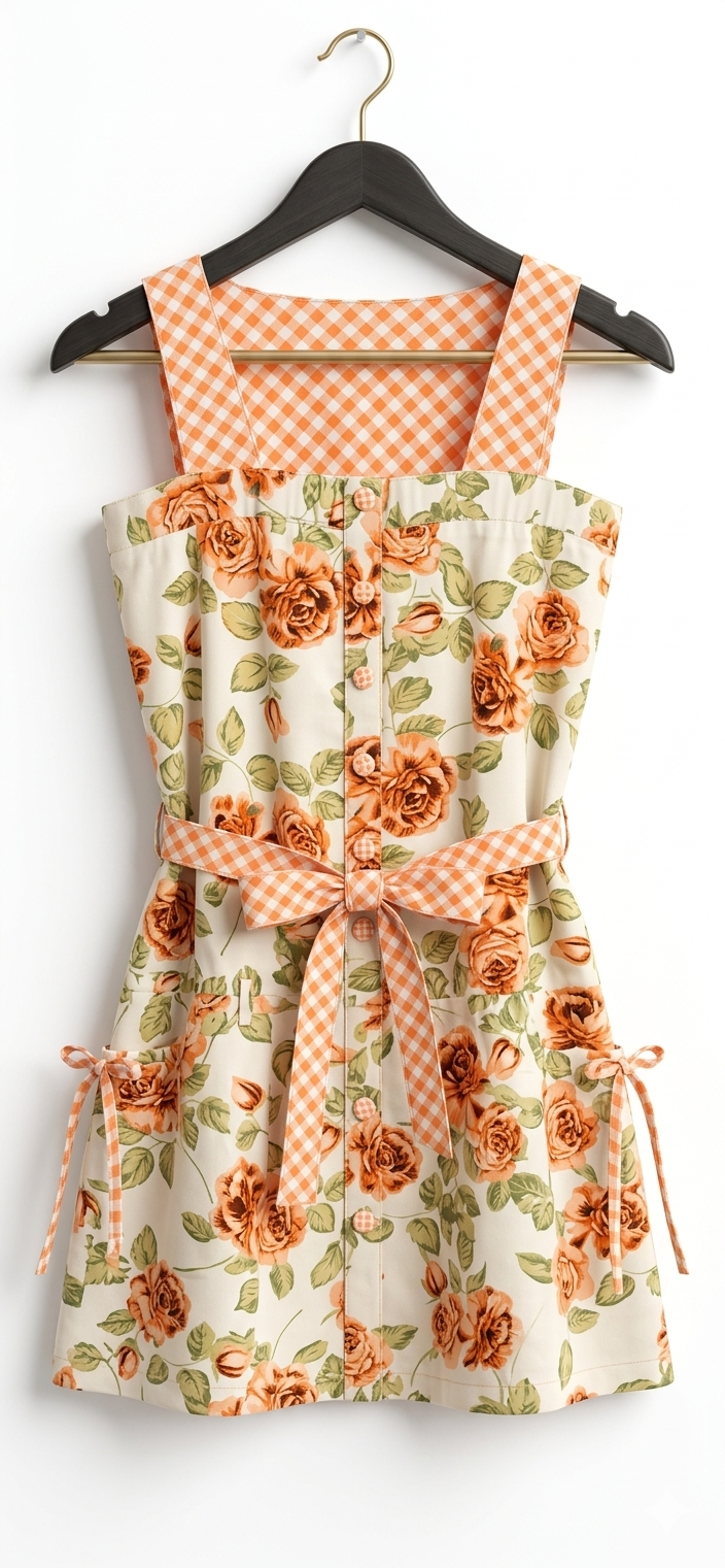 Girls' Orange Gingham and Rose Floral Print Pinafore Dress