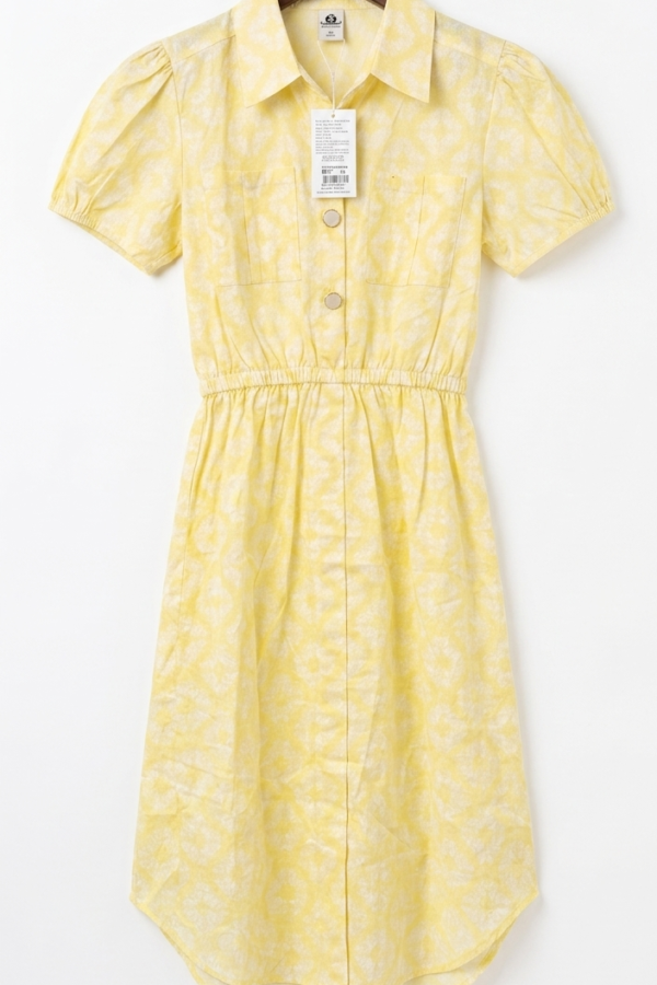 Girls' Yellow Printed Shirt Dress with Collar and Puff Sleeves
