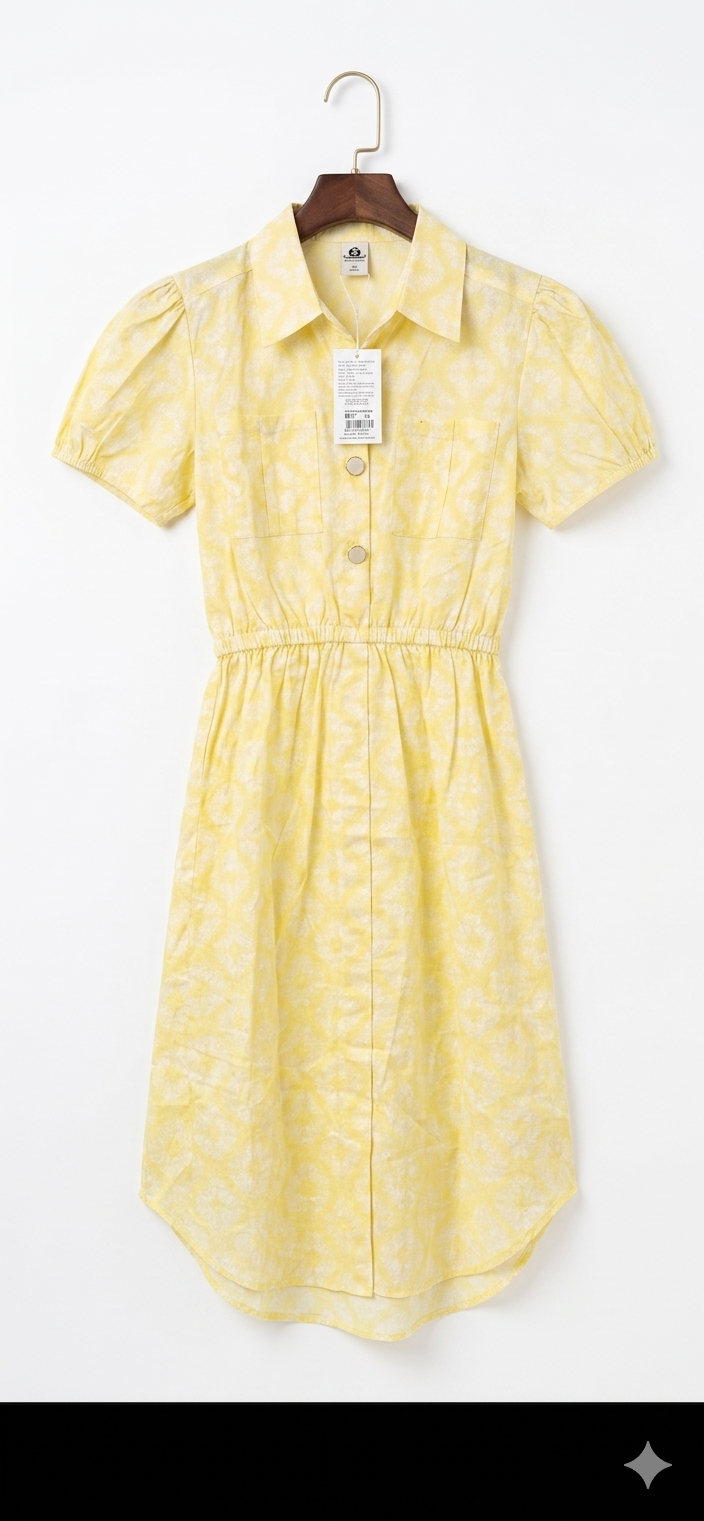 Girls' Yellow Printed Shirt Dress with Collar and Puff Sleeves