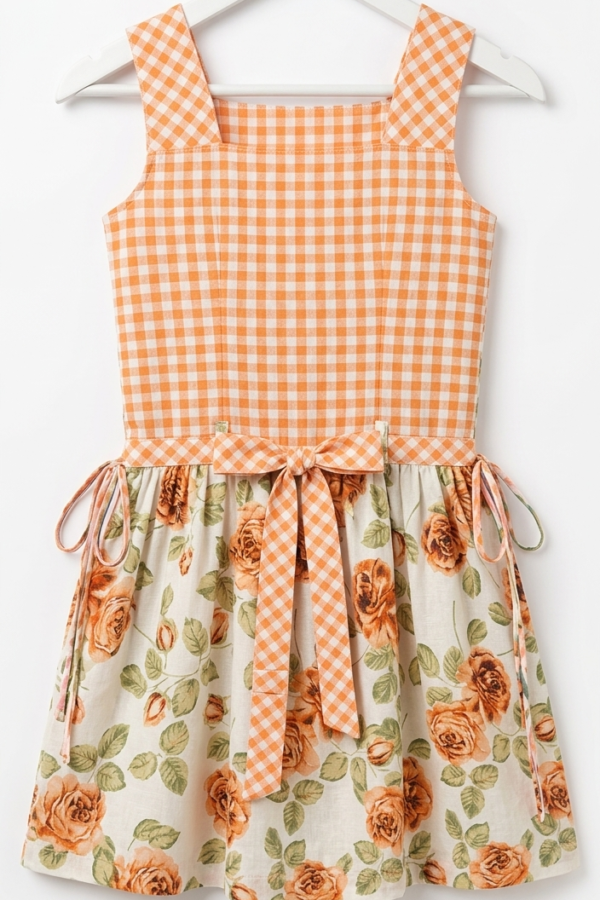 Girls' Orange Gingham and Rose Floral Print Pinafore Dress