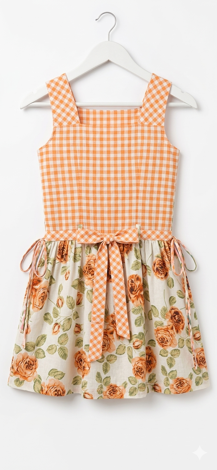 Girls' Orange Gingham and Rose Floral Print Pinafore Dress - Image 2