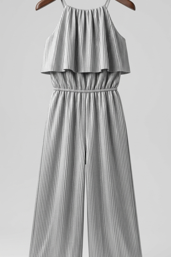 Girls' Silver Pleated Halter Neck Jumpsuit with Ruffle Detail