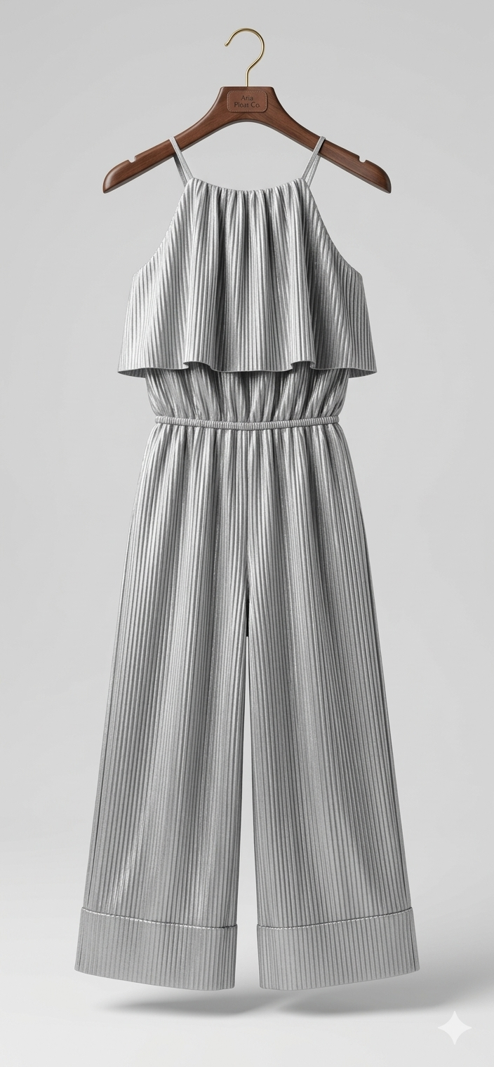 Girls' Silver Pleated Halter Neck Jumpsuit with Ruffle Detail